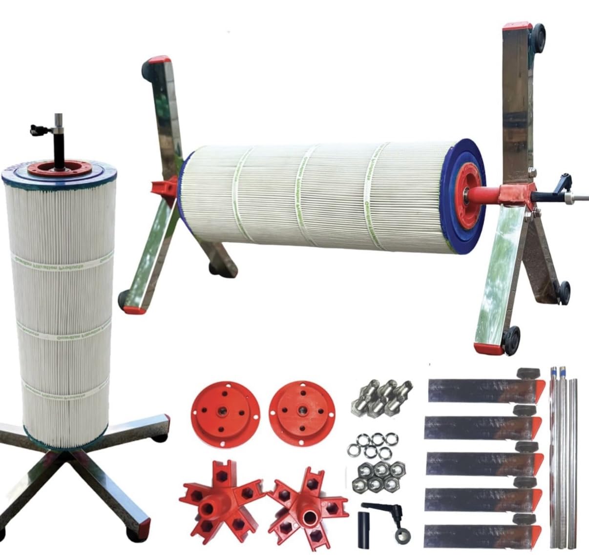 Bridge Cutters pool filter cleaner stand for 3-inch cartridges, quick maintenance on-site.