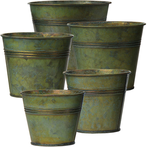 Briful galvanized buckets set in five sizes for versatile planter displays.