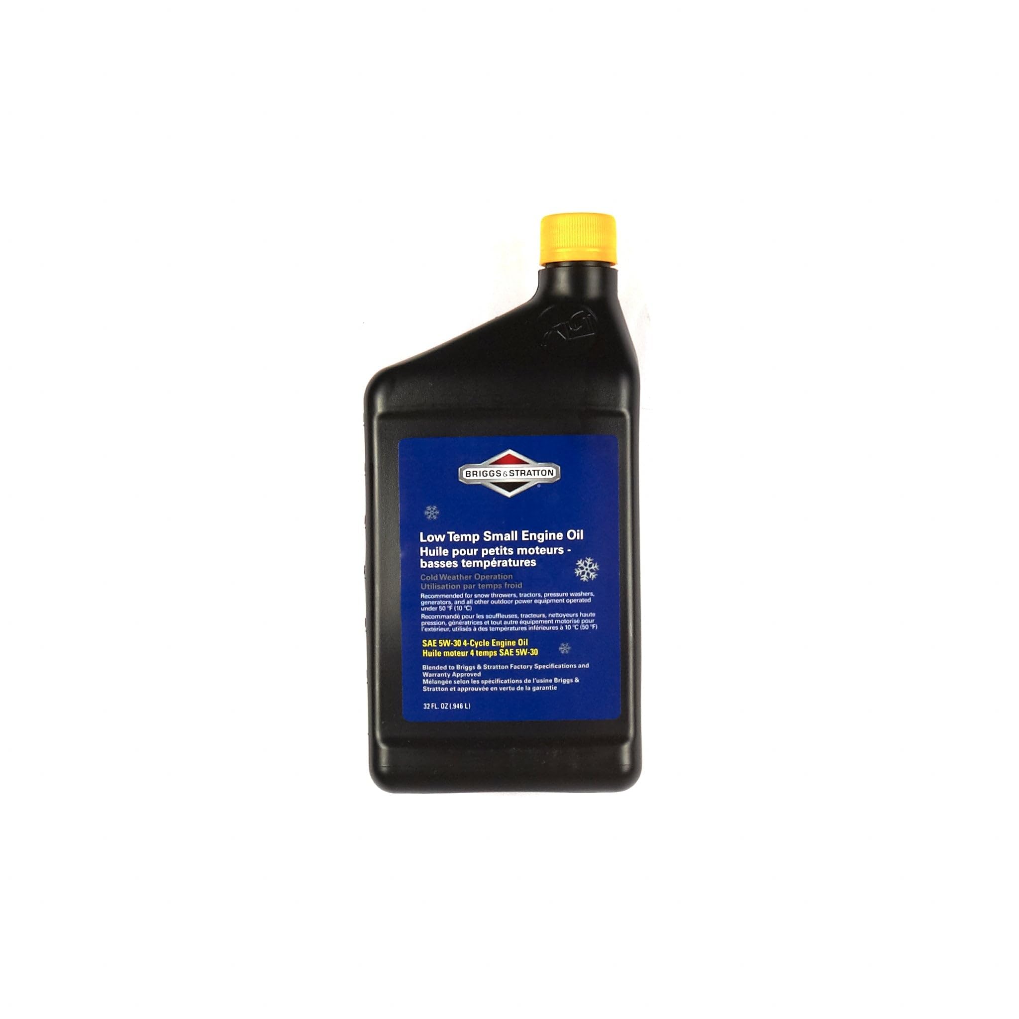 Briggs & Stratton 100030C oil bottle label shows winter-grade 5W-30 for air-cooled engines.