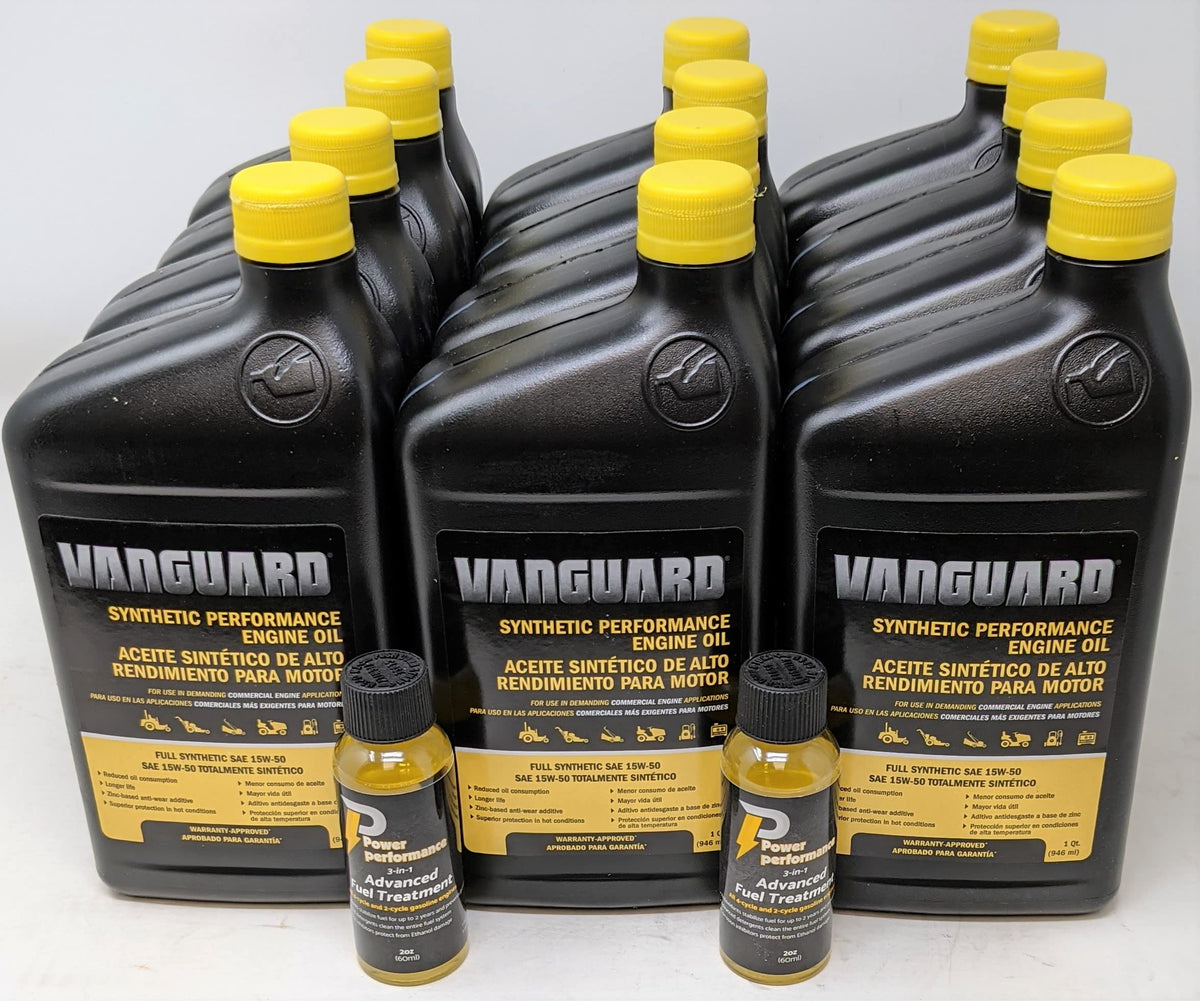Briggs & Stratton 15W-50 oil bottle label showing Vanguard synthetic formula for engines