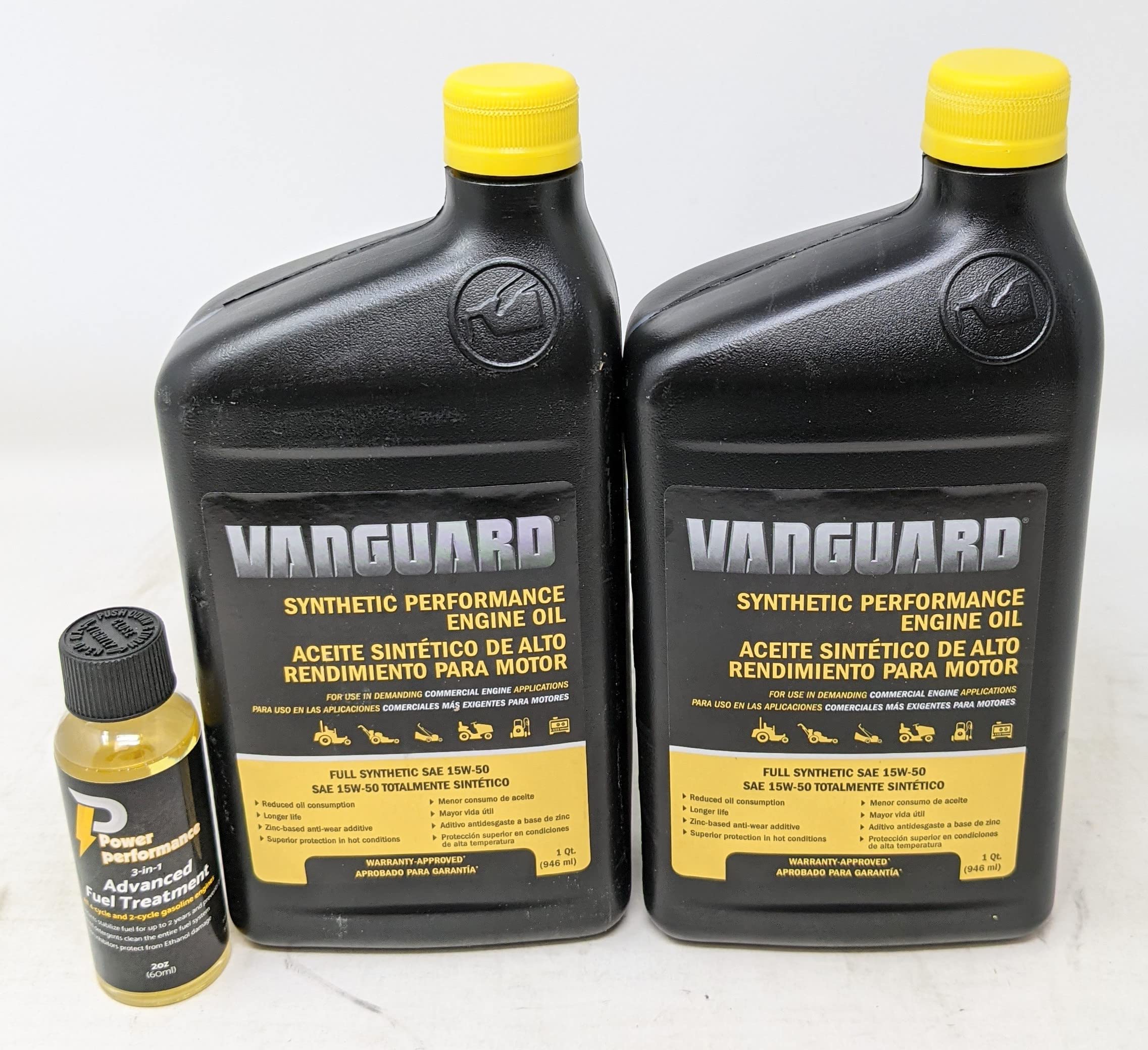 Briggs and Stratton 15W-50 oil bottle pouring for Vanguard engines, smoother operation.