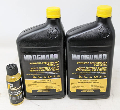 Briggs and Stratton 15W-50 oil bottle pouring for Vanguard engines, smoother operation.