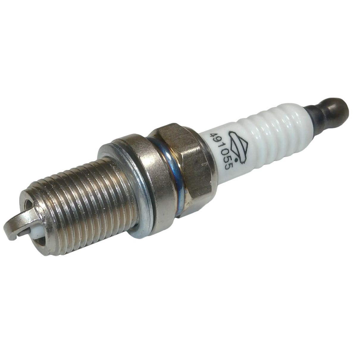 Briggs and Stratton 491055T spark plug close-up highlighting the electrode for ignition readiness.