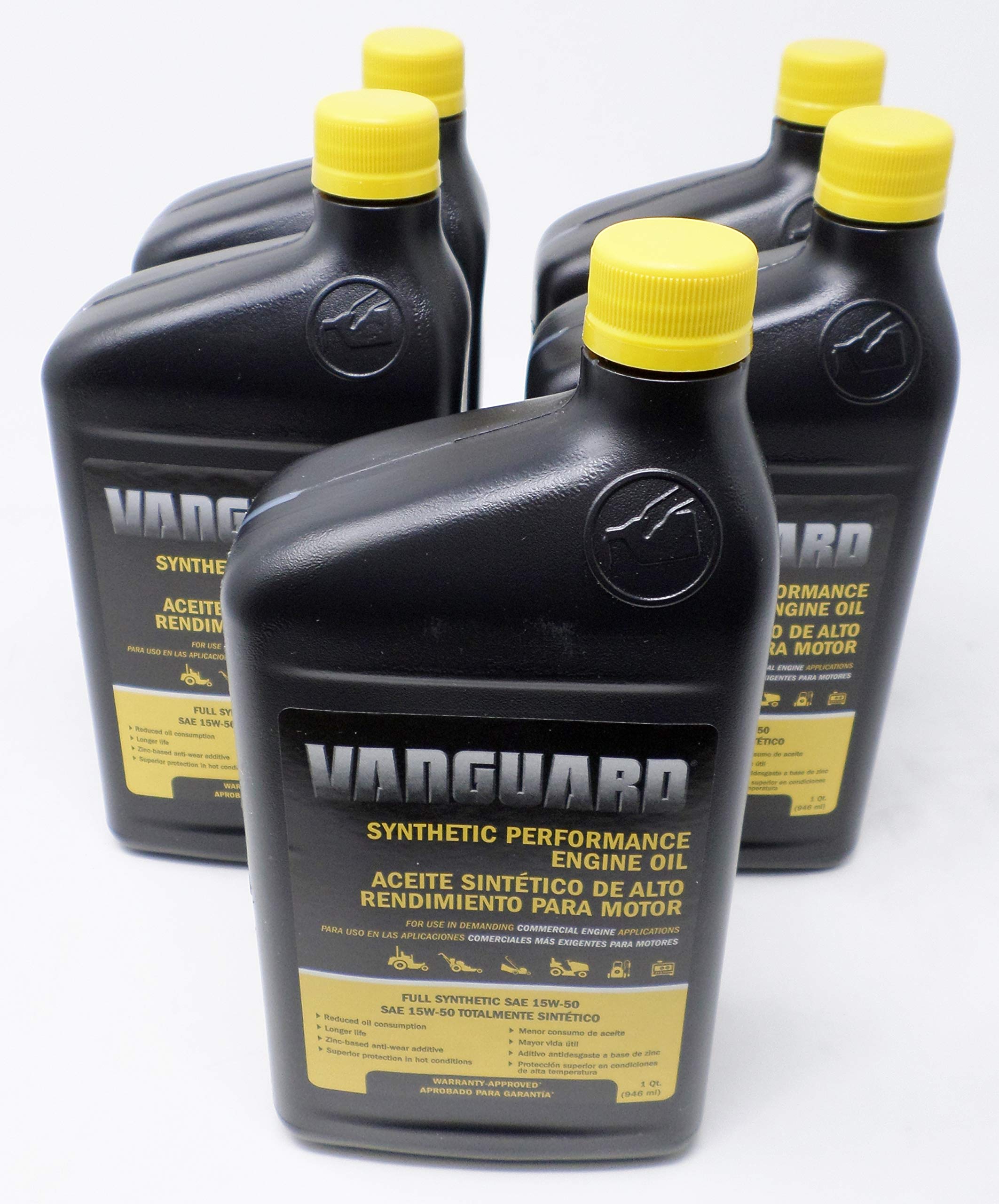 Briggs & Stratton 5-pack 15W-50 synthetic oil bottle for Vanguard engines provides robust lubrication.