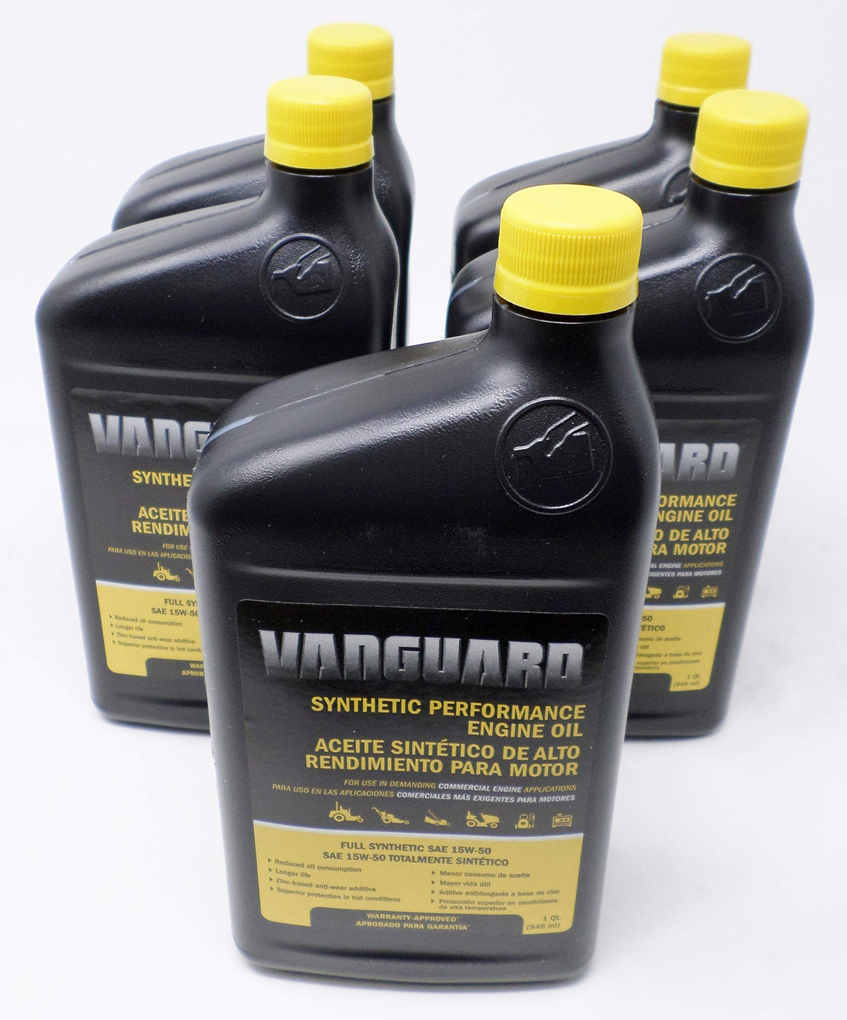 Briggs & Stratton 5-pack 15W-50 synthetic oil bottle for Vanguard engines provides robust lubrication.