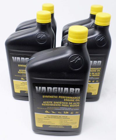 Briggs & Stratton 5-pack 15W-50 synthetic oil bottle for Vanguard engines provides robust lubrication.