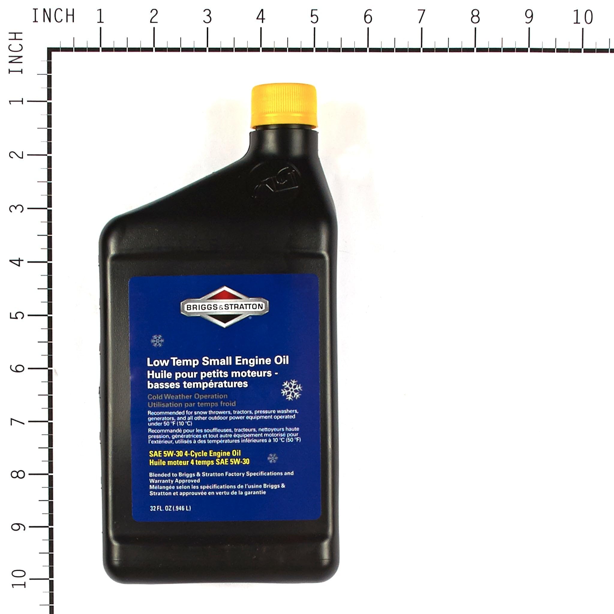 Pour-ready Briggs & Stratton oil bottle for quick snow blower maintenance.