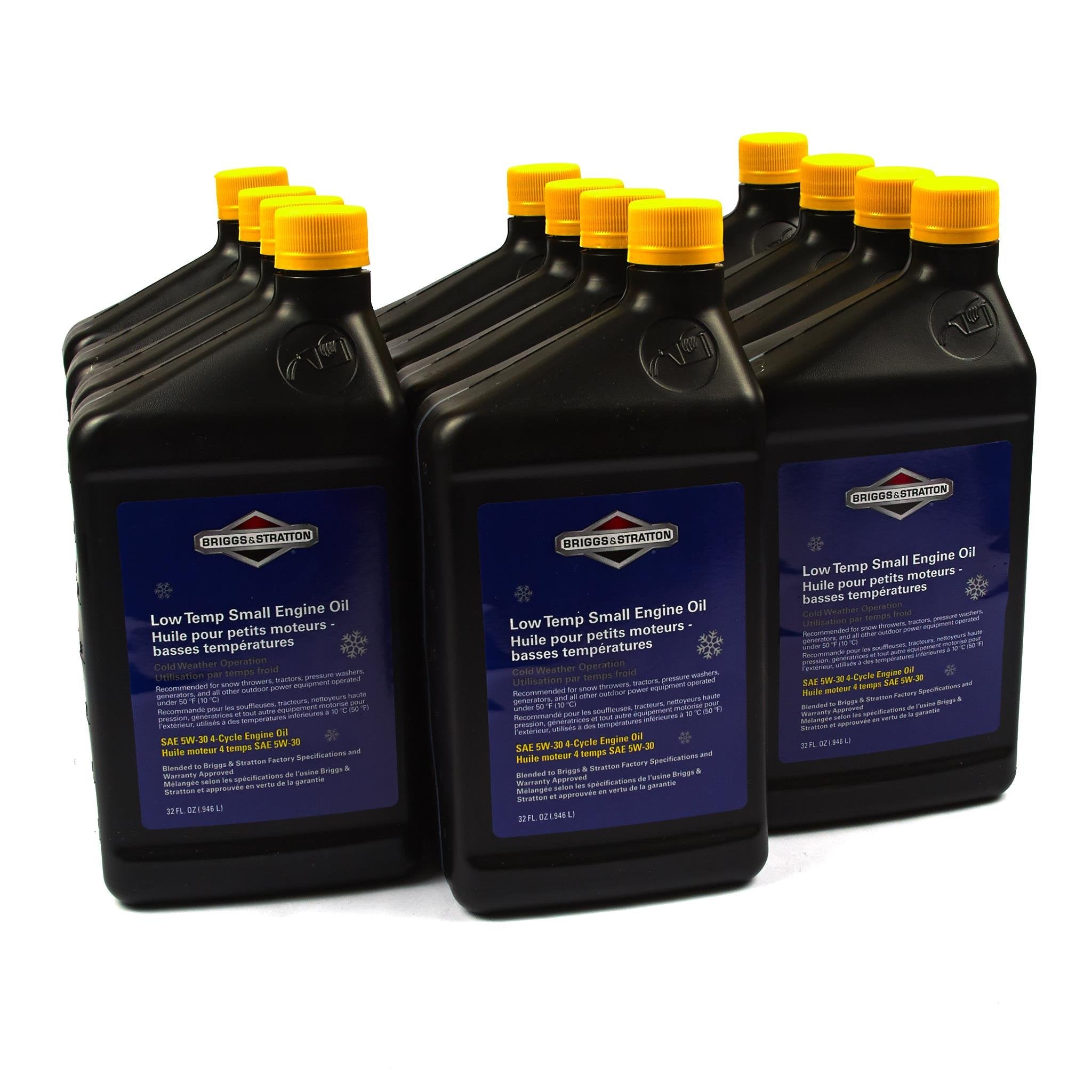 Close-up of Briggs & Stratton snow blower oil packaging.