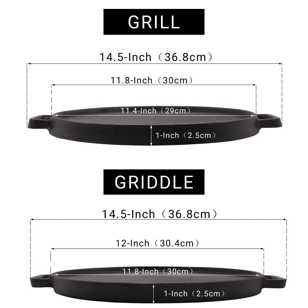 Brightalk double-handled cast iron griddle side view shows easy grip.