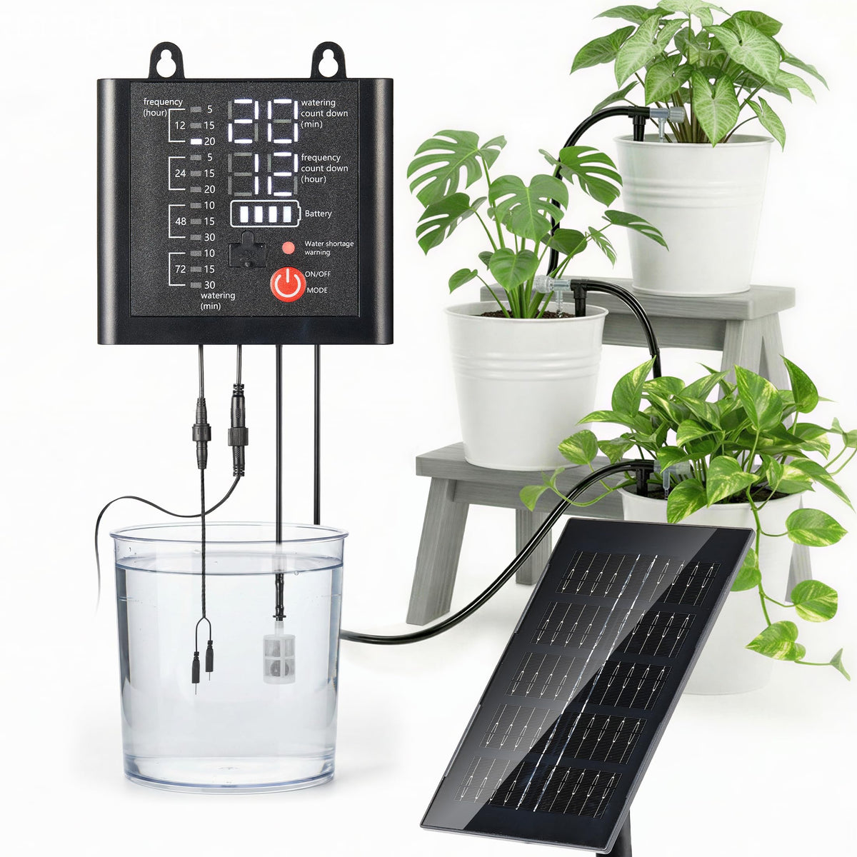 Brightown Solar Drip Irrigation System front view demonstrates compact outdoor setup.