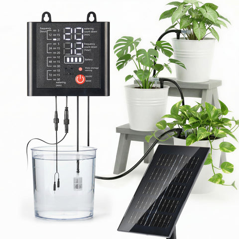 Brightown Solar Drip Irrigation System front view demonstrates compact outdoor setup.