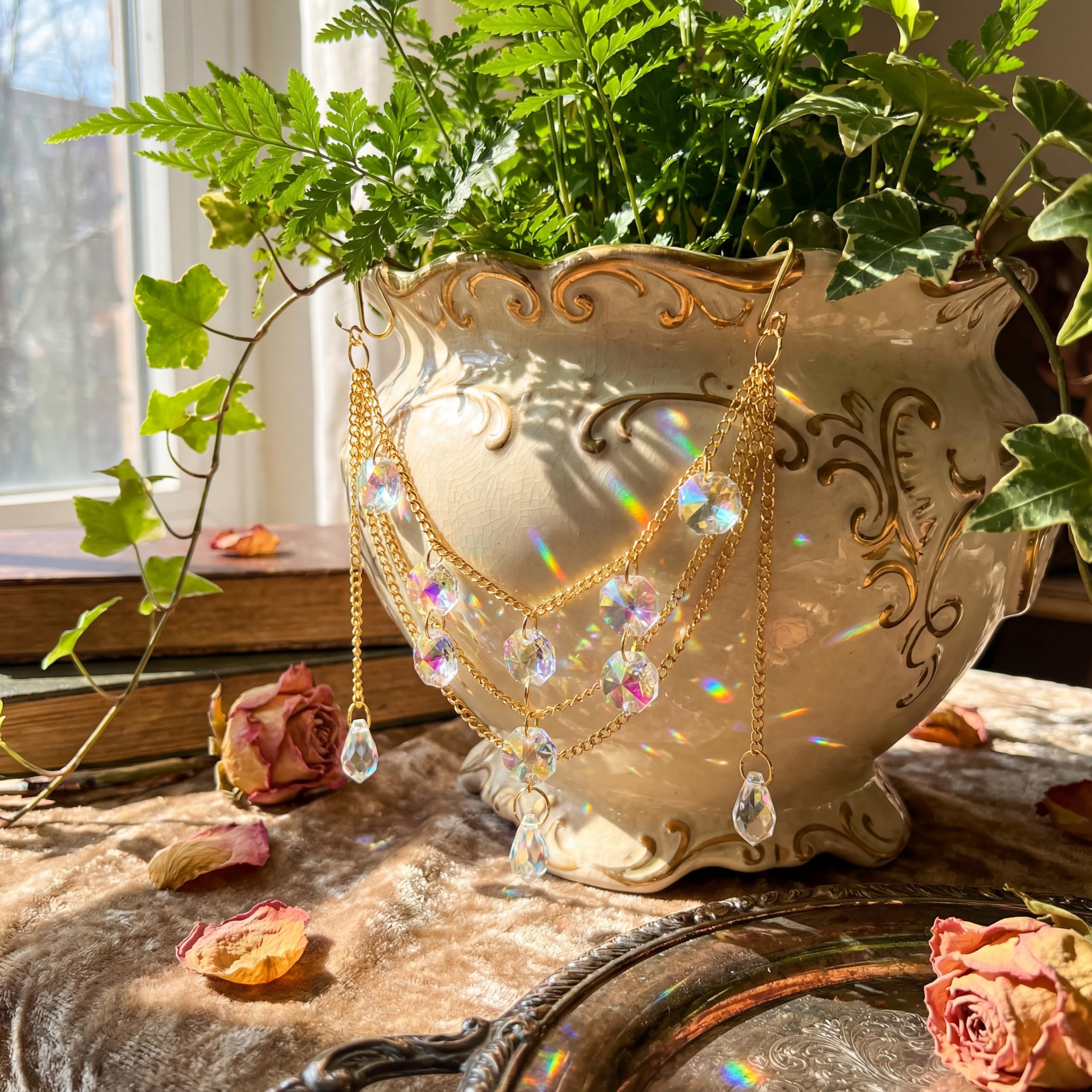 BrightRow glass crystal beaded plant accessory enhances indoor decor with shimmering reflections.