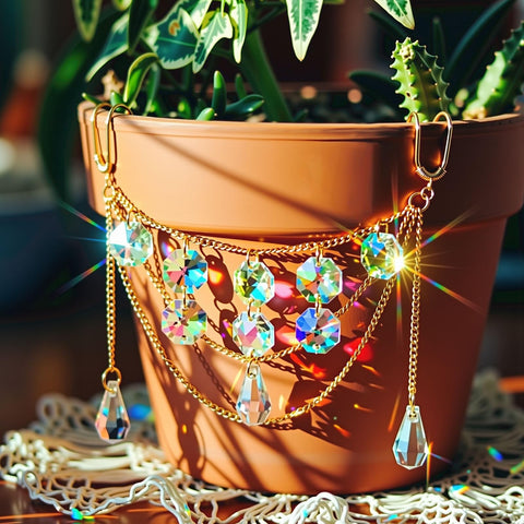BrightRow sun catcher plant hanger teardrop beads refracting sunlight into colorful rainbows.