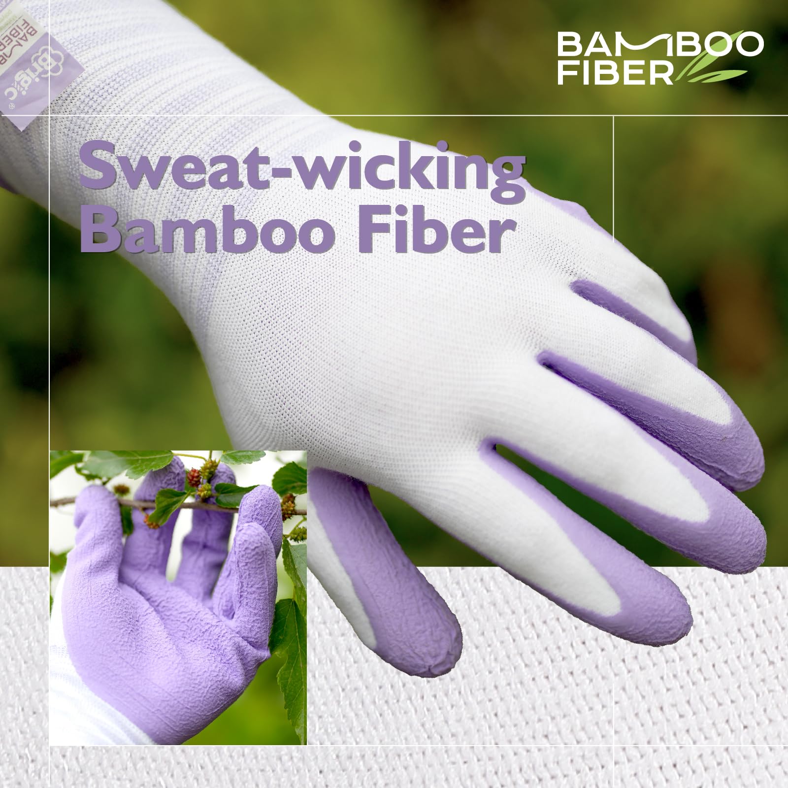 Brigic bamboo gardening gloves with extended cuffs protect wrists during tasks.