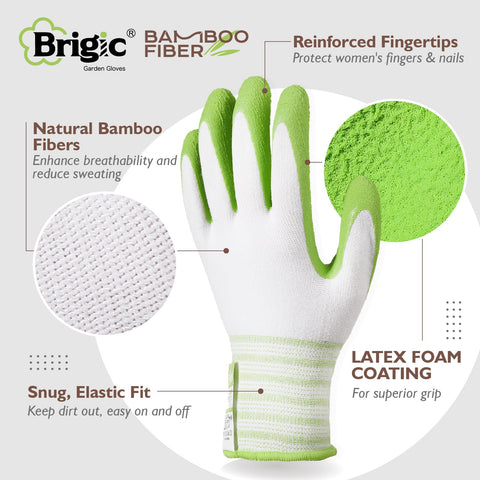 Brigic bamboo gloves with latex-coated grip for non-slip tool handling