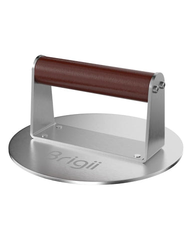 Brigii burger press in stainless steel with round design for uniform patties and even browning