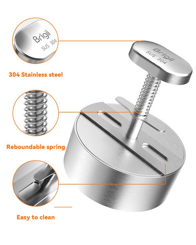 Brigii burger press with thickness guide markers for consistent weights.