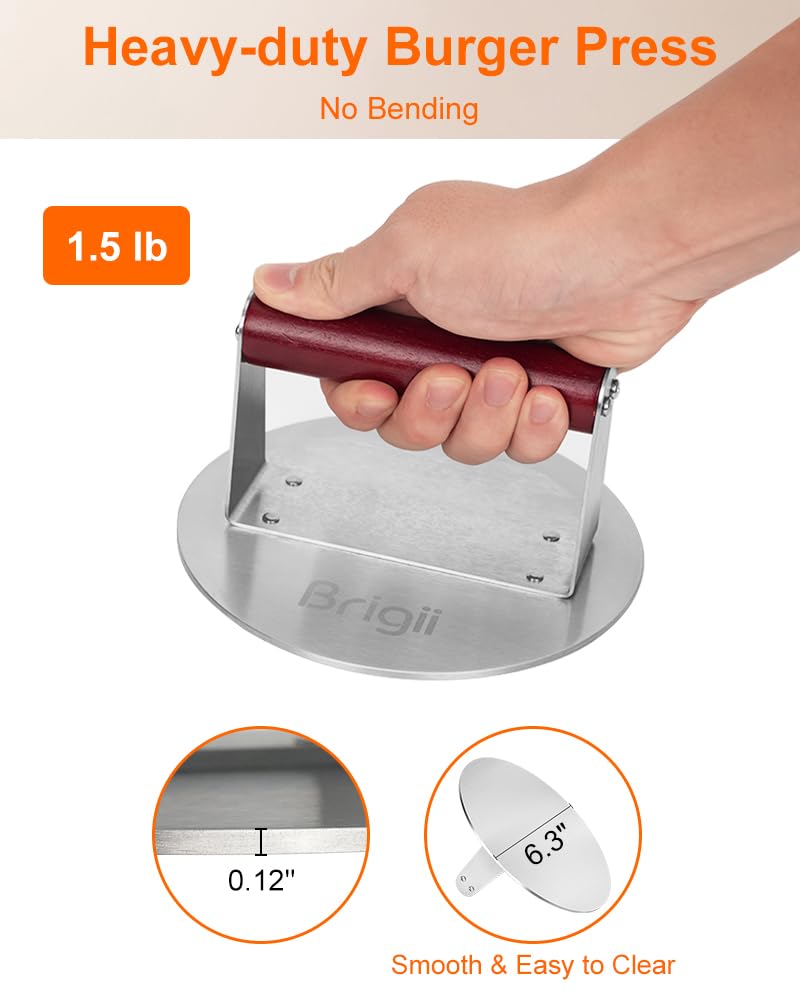Brigii smash burger press with flat-base design for even sear and crispy edges