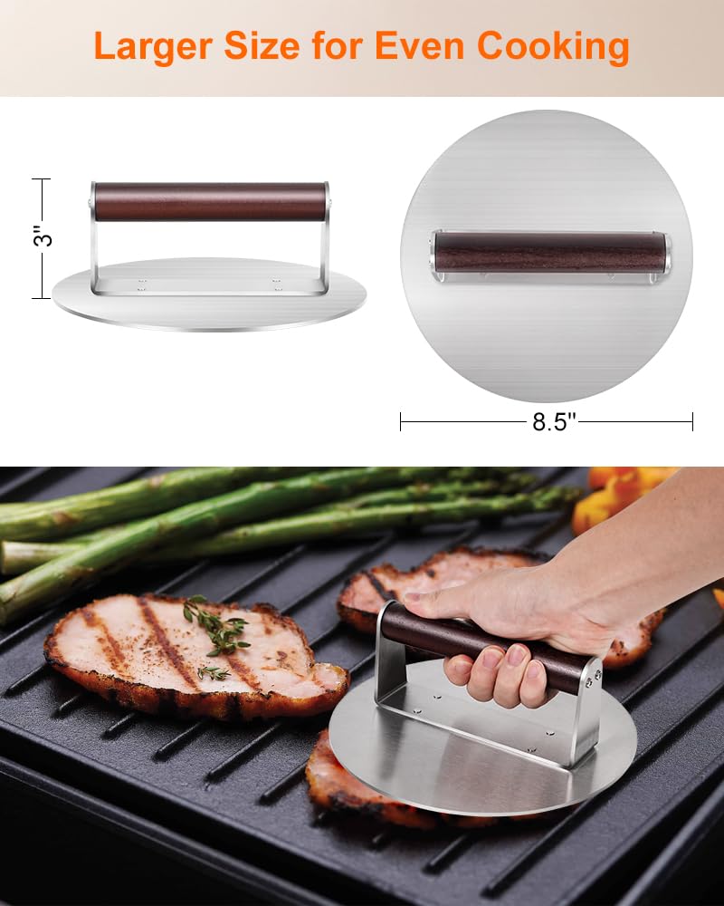 Brigii wooden-handled press providing a sturdy, non-slip grip during grilling