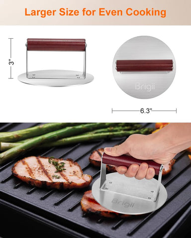 Brigii wooden-handle smash press offers a comfortable, secure grip during grilling
