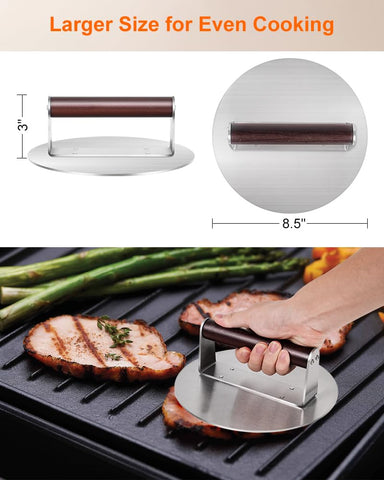 Brigii wooden-handled press providing a sturdy, non-slip grip during grilling