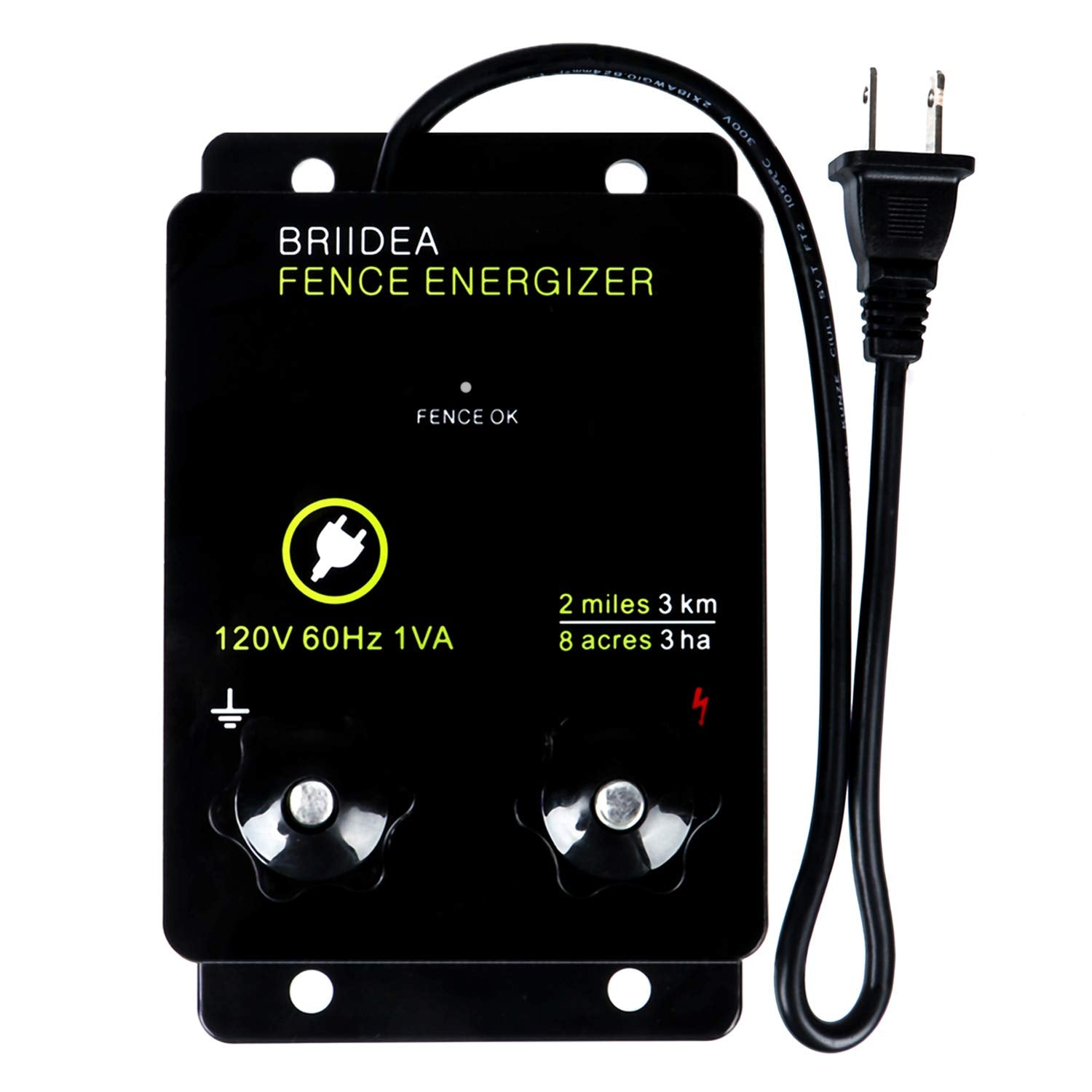 Briidea 2-Mile Energizer front view showing 8-acre coverage for wildlife deterrence