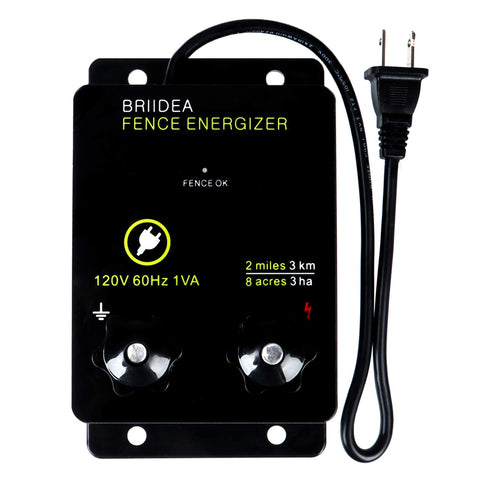 Briidea 2-Mile Energizer front view showing 8-acre coverage for wildlife deterrence