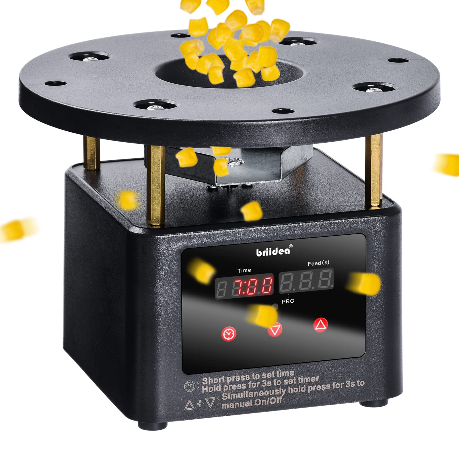 Briidea automatic feeder timer front view showing compact controls for precise feeding