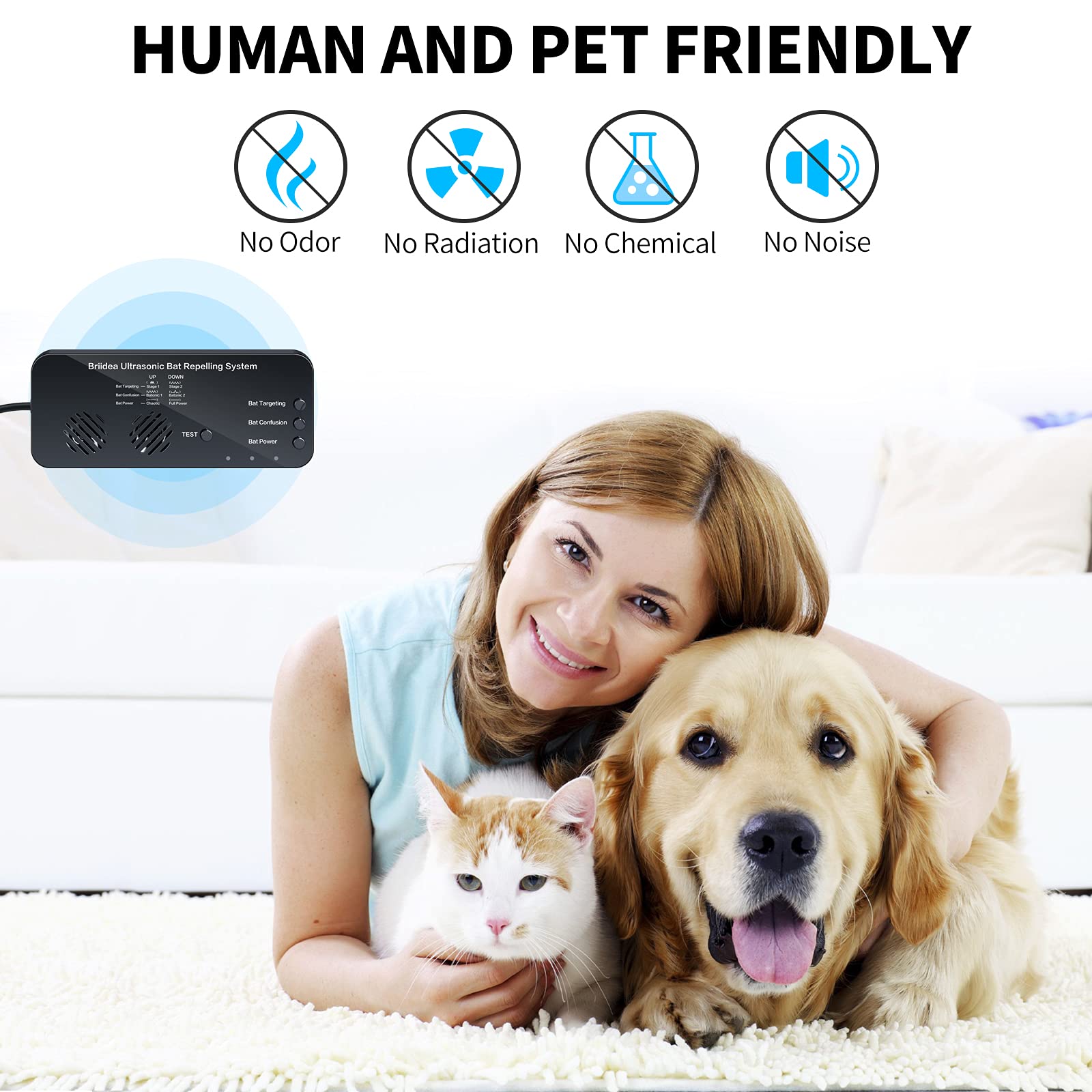 Briidea Ultrasonic operation shown as safe for humans and pets.