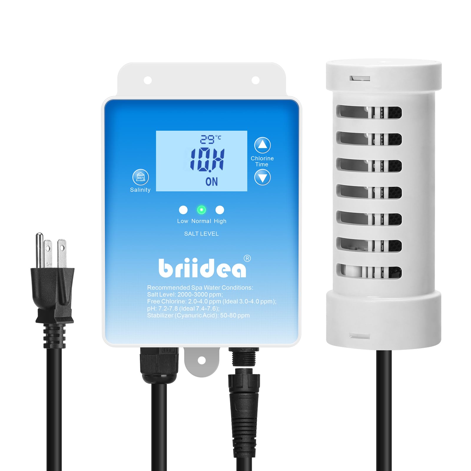 Briidea salt chlorine generator control panel shows clear status for easy spa maintenance.