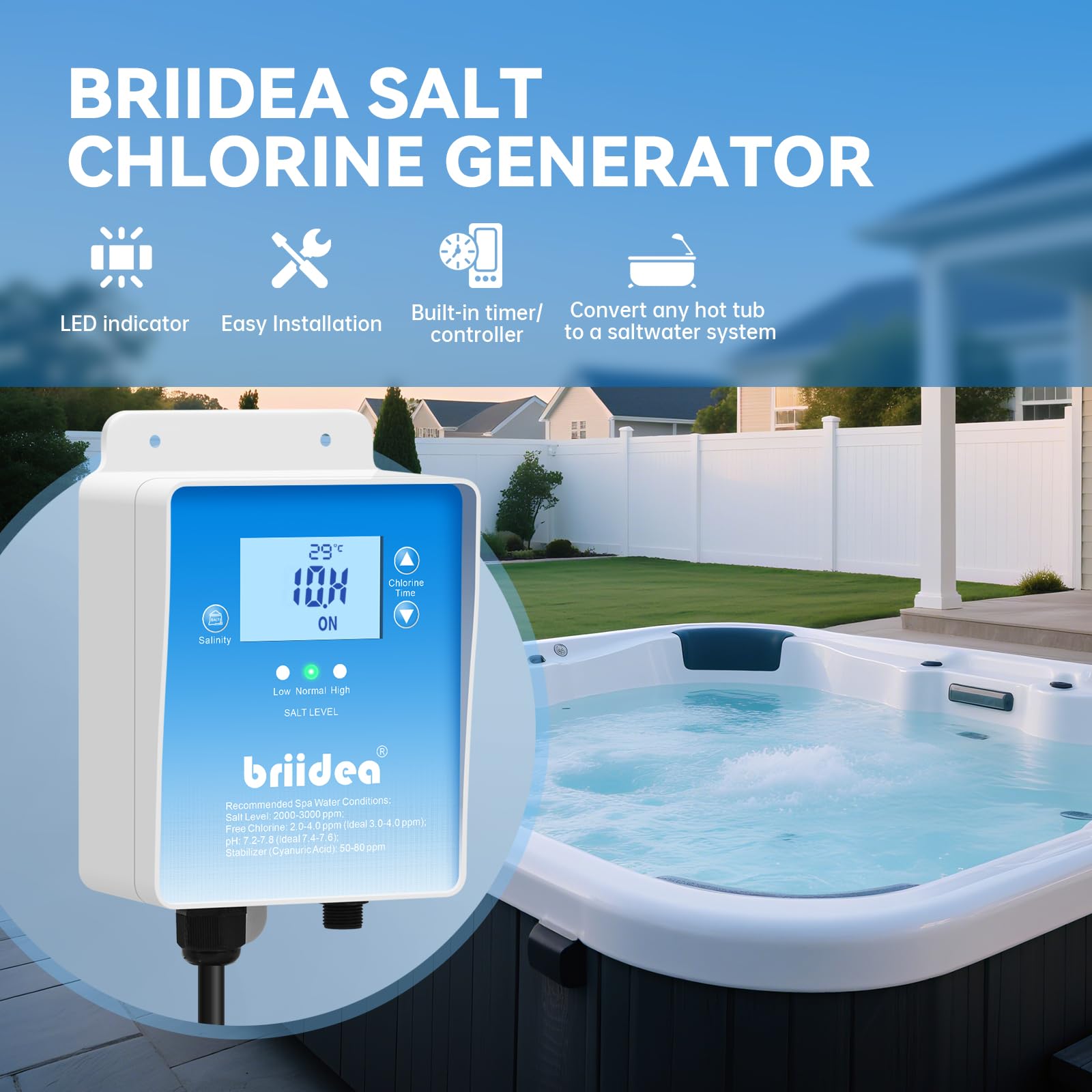 Briidea titanium electrodes USA-made give long-lasting spa sanitization.