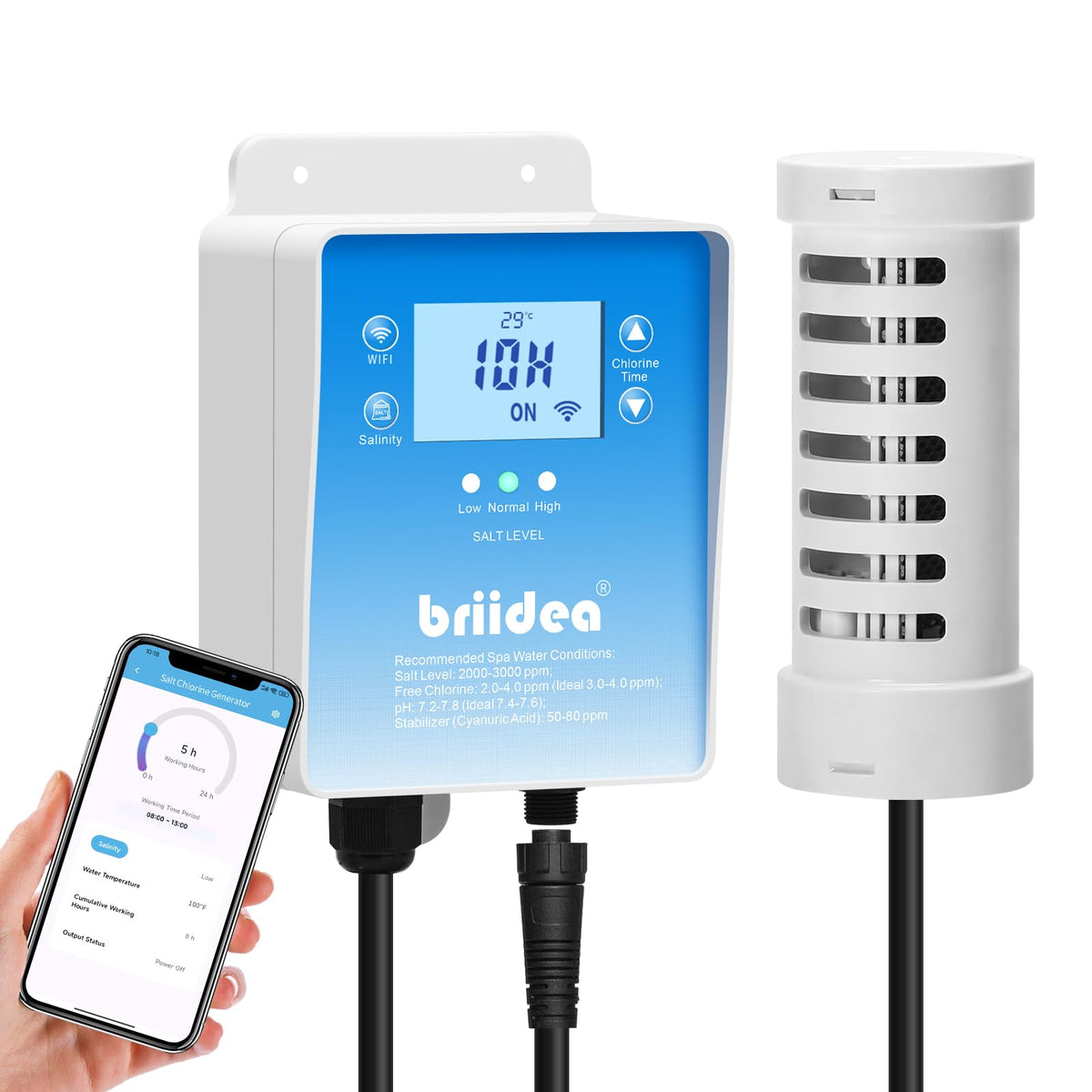 Briidea WiFi salt chlorine generator front view for easy spa sanitization
