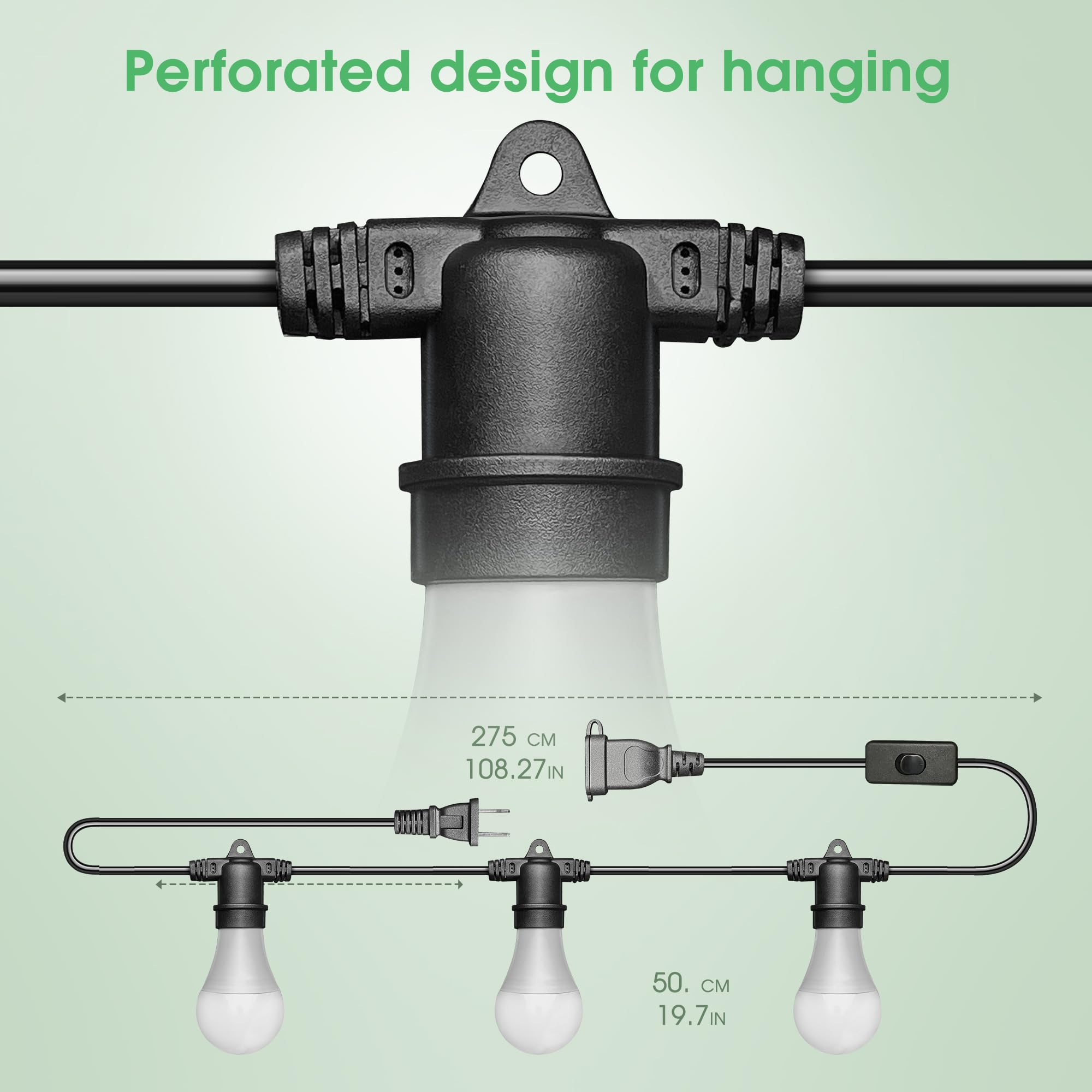 Briignite 8.86ft light strand with three bulbs for complete setup.