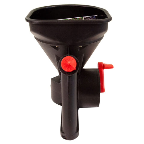 Brinly adjustable flow-gate knob allows precise material release.