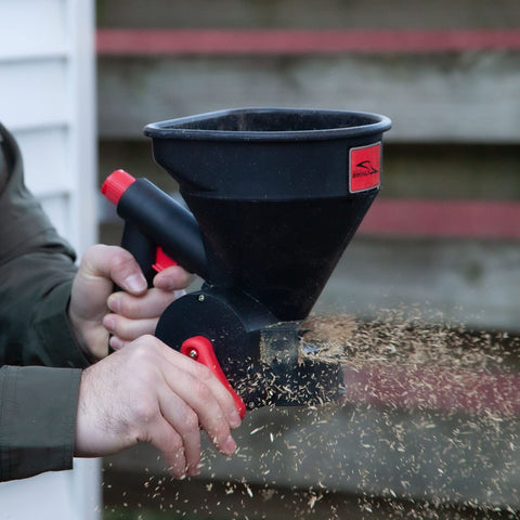 Brinly durable poly hopper resists impact in outdoor conditions.