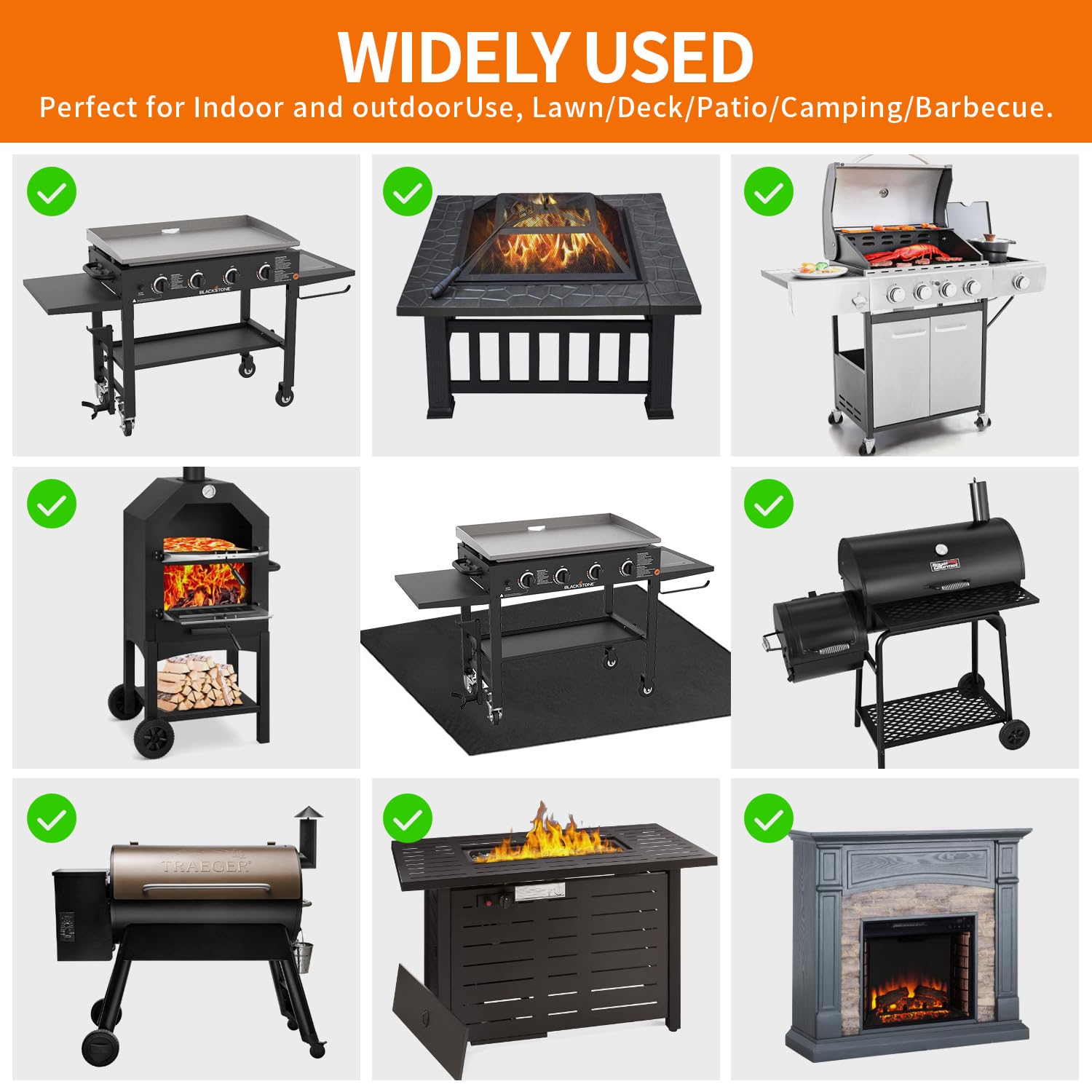 Brinman 40x48 deck mat protects patio surfaces during barbecues.
