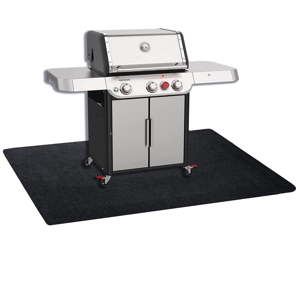 Brinman Under Grill Mat protecting a deck from oil splatter during outdoor grilling.