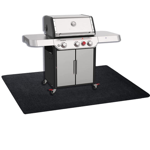 Brinman Under Grill Mat protecting a deck from oil splatter during outdoor grilling.