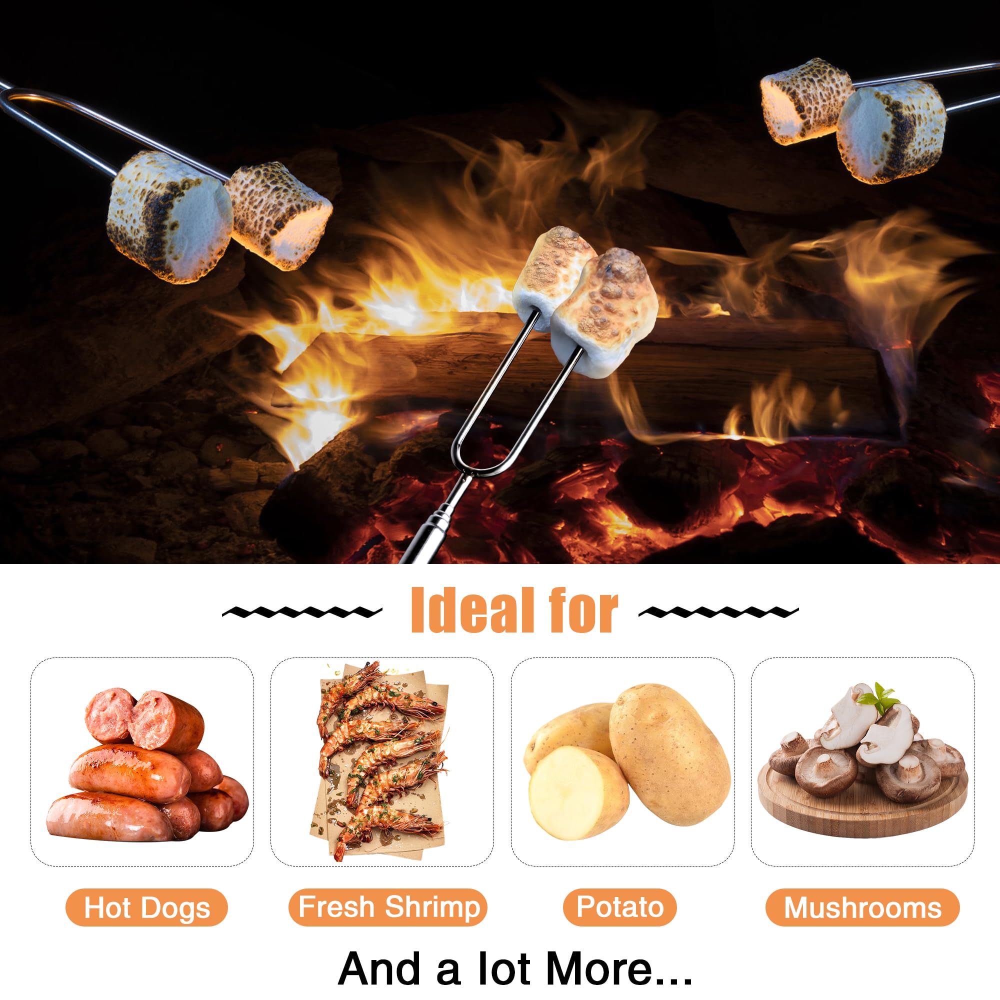 BRIOOUT long skewers ideal for marshmallows, hot dogs, and vegetables.