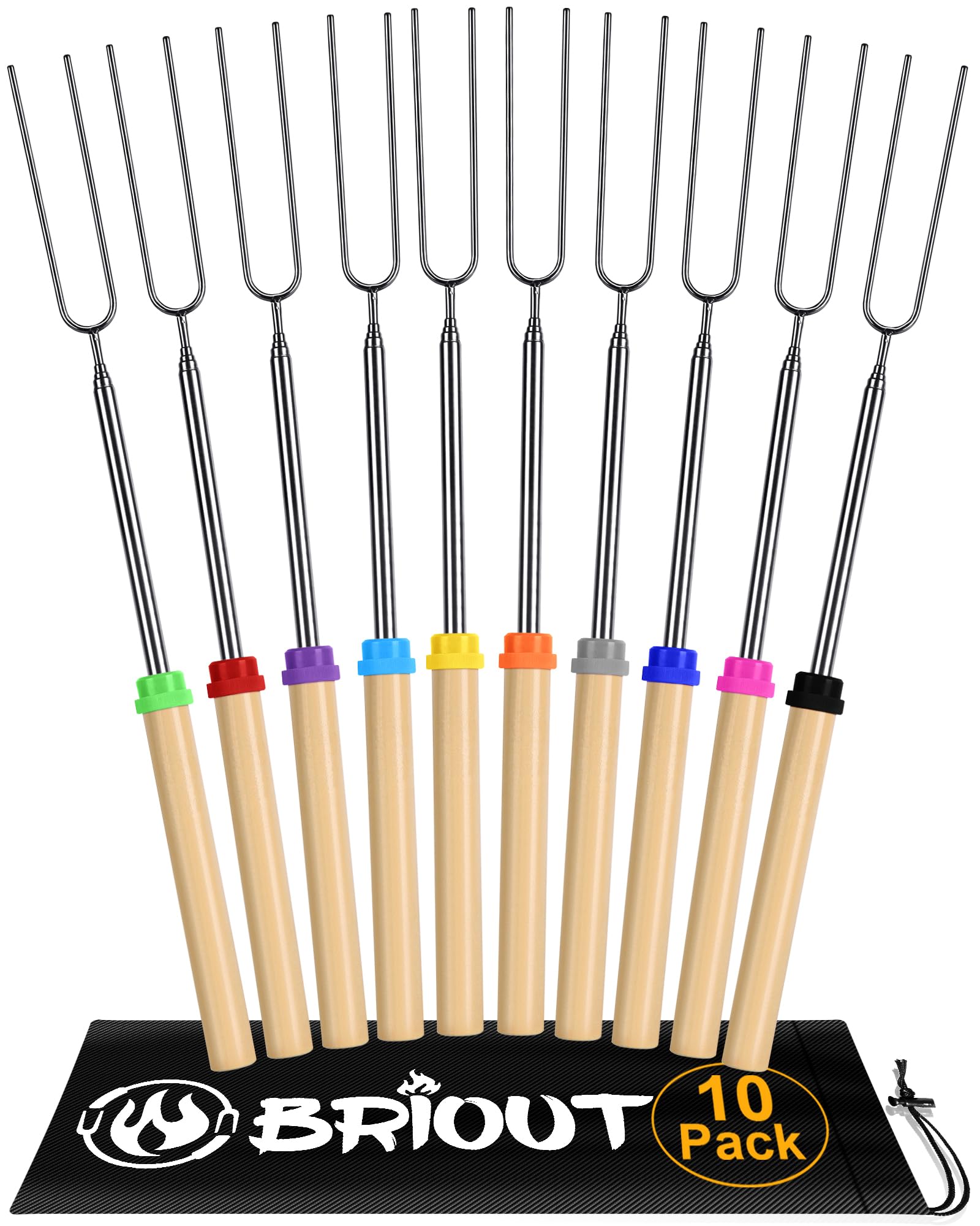 BRIOUT extendable roasting sticks showing 32-inch reach for safe campfire roasting.
