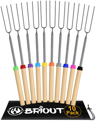 BRIOUT extendable roasting sticks showing 32-inch reach for safe campfire roasting.