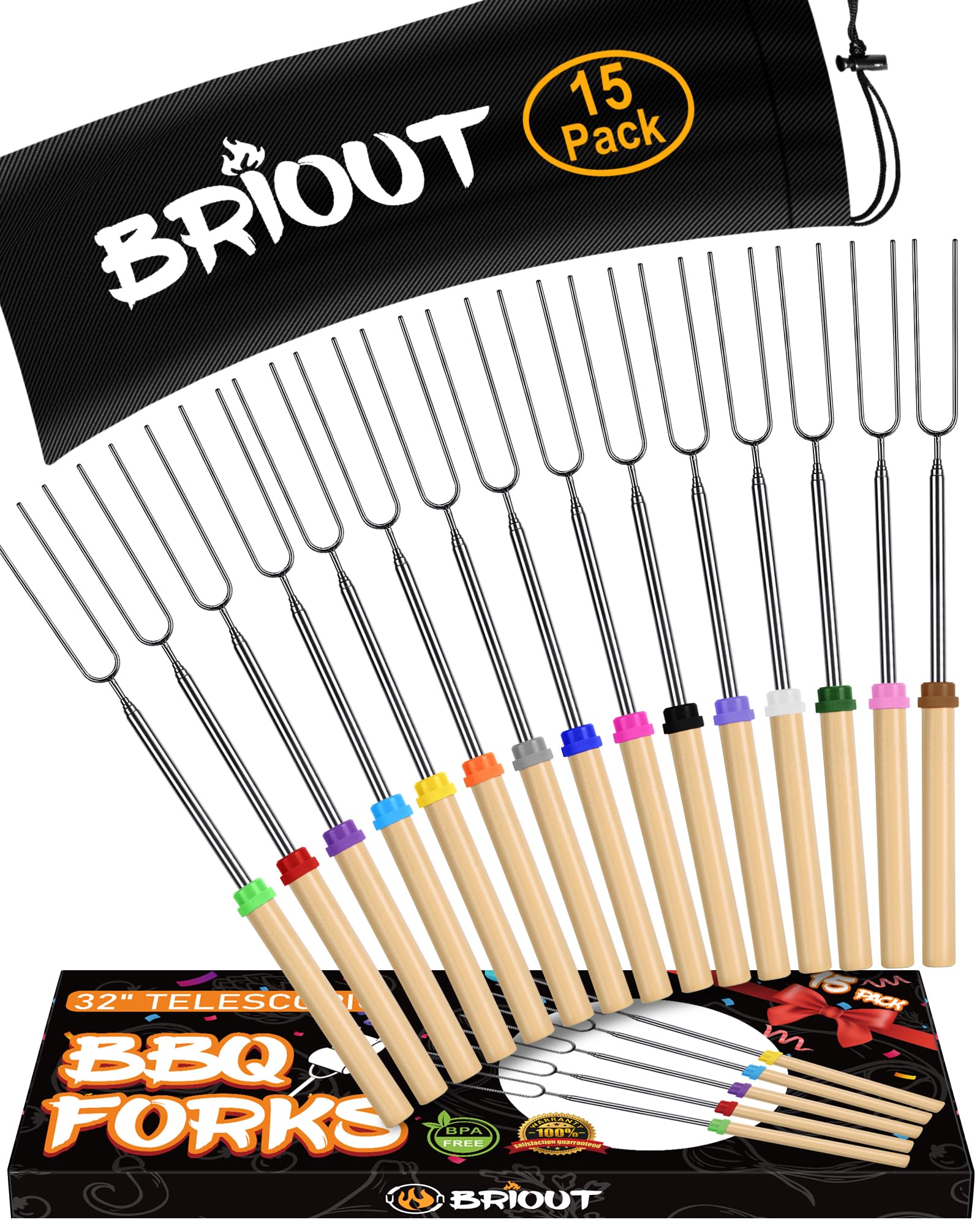 BRIOUT extendable stainless steel roasting sticks with 32-inch reach for safe campfire roasting.