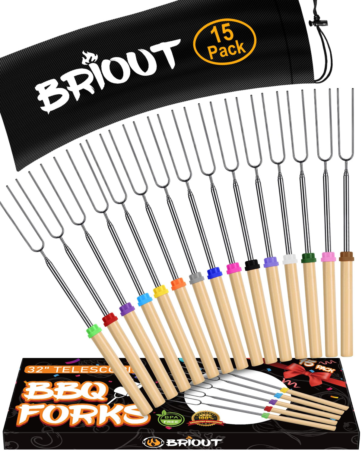 BRIOUT extendable stainless steel roasting sticks with 32-inch reach for safe campfire roasting.