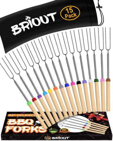 BRIOUT extendable stainless steel roasting sticks with 32-inch reach for safe campfire roasting.
