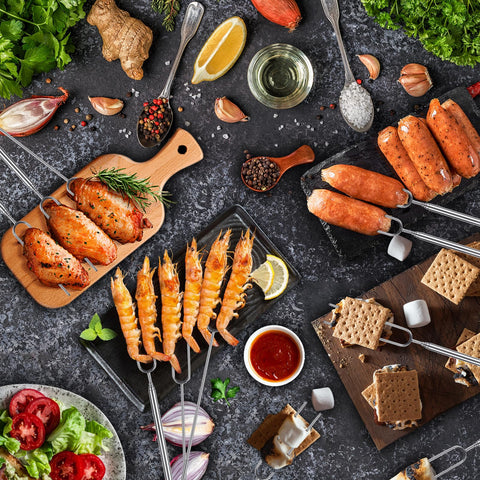 BRIOUT long skewers support marshmallows, sausages, and veggies over flames.