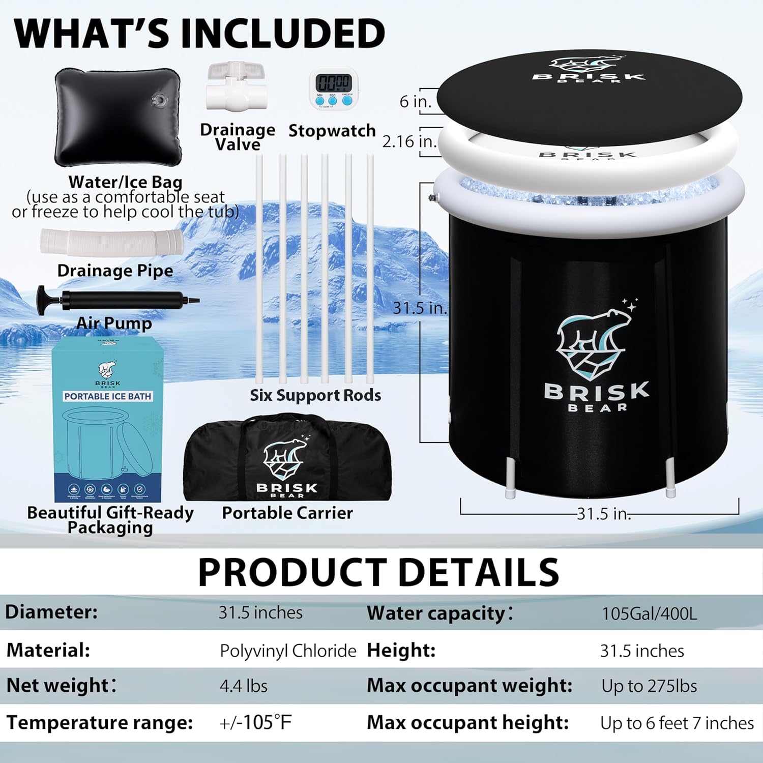 Brisk Bear extra large ice bath 30x30 offers roomy full-body immersion.