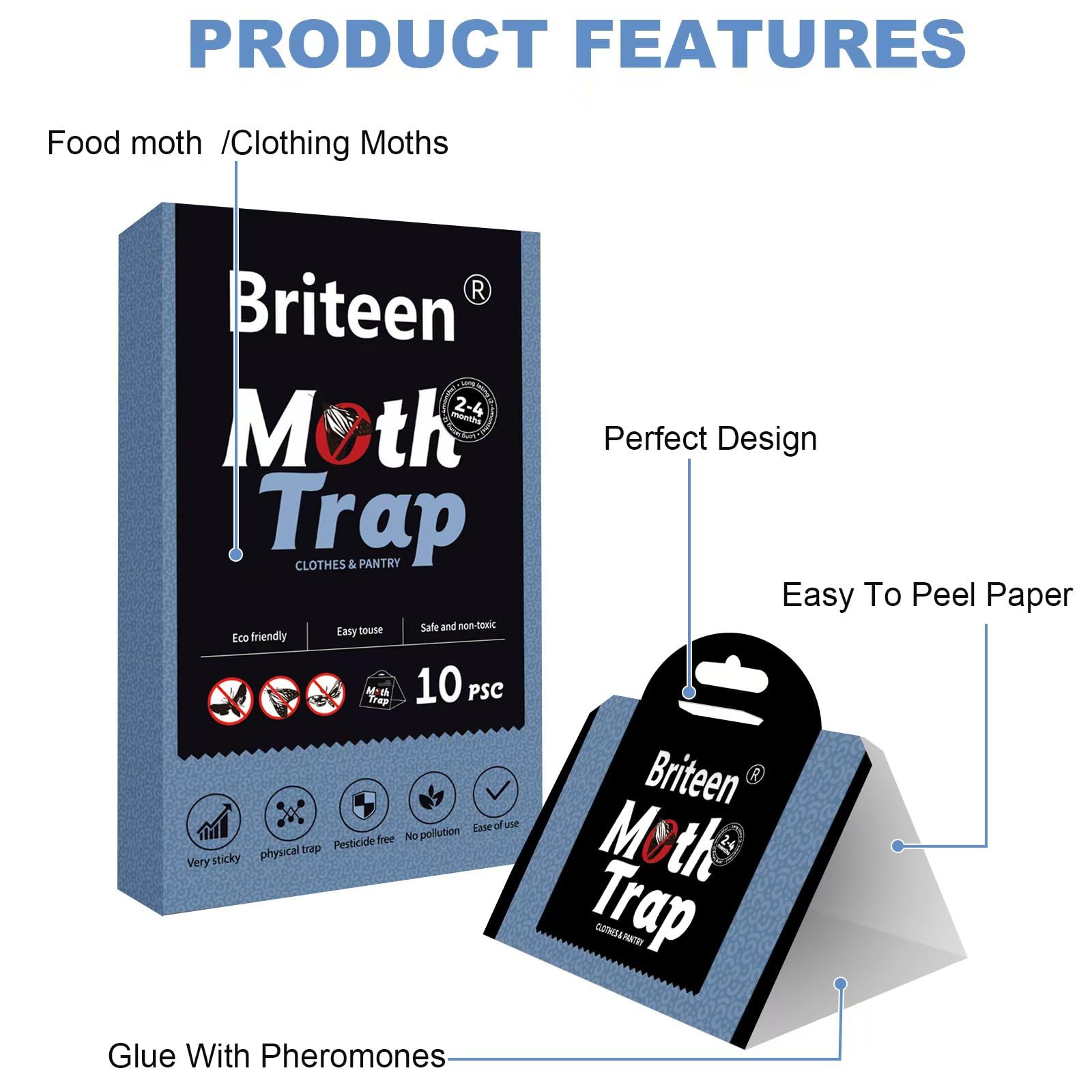 Briteen pheromone trap dispenser showing timed-release attractants for moth control.