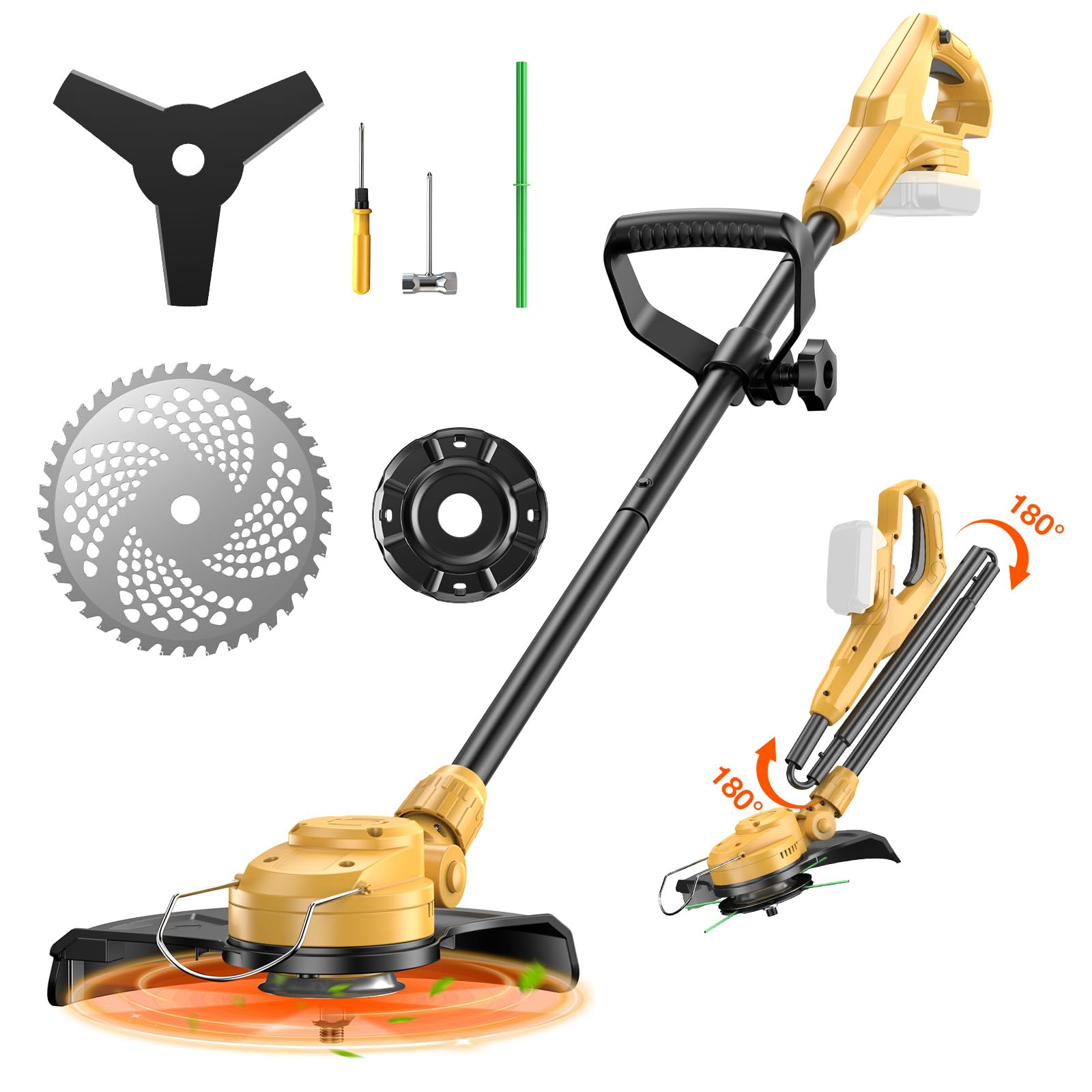 Brngeqi cordless weed wacker with Dewalt 20V compatibility for quick edge trimming.