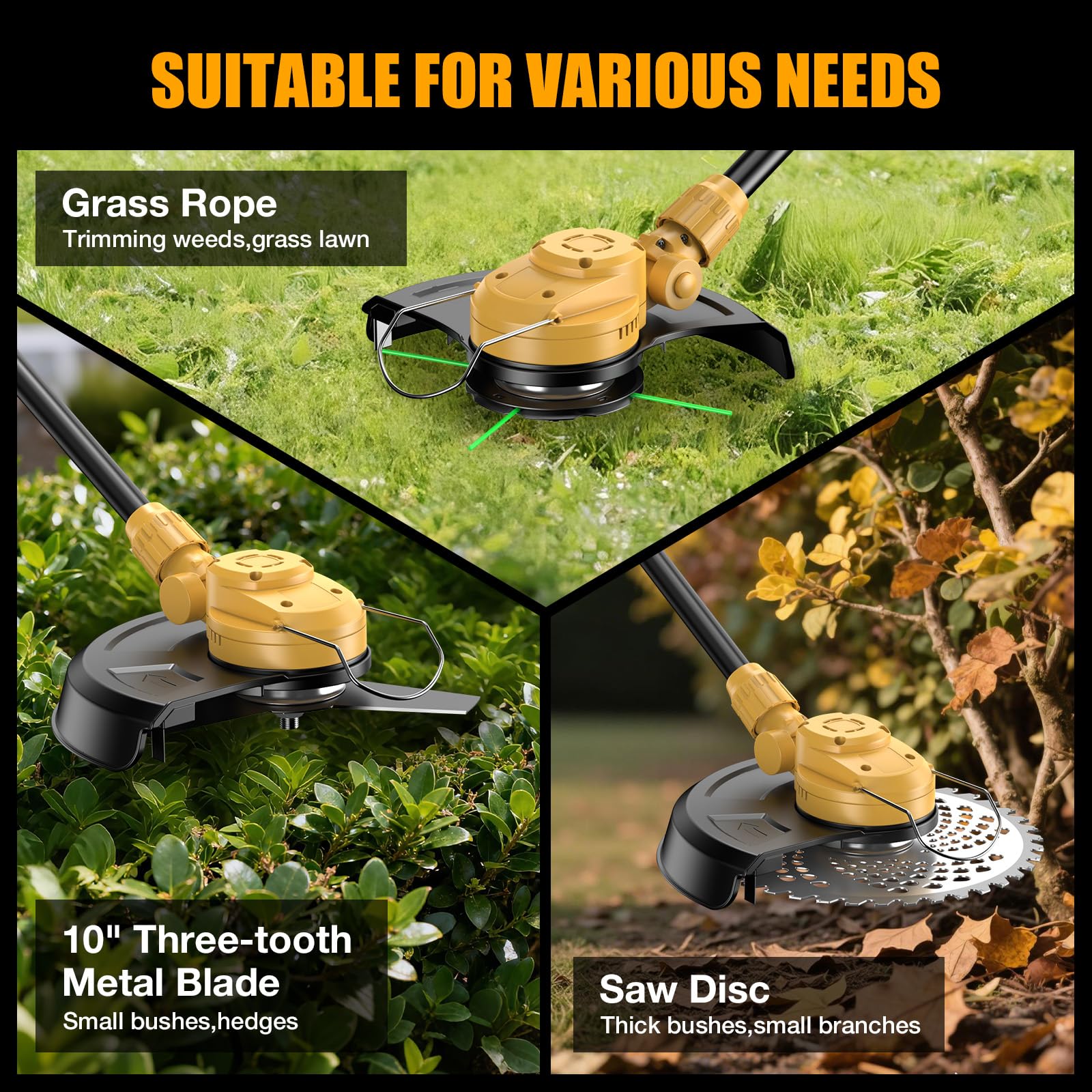 Brngeqi weed wacker tilt head allows trimming at 0–90 degrees.