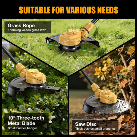 Brngeqi weed wacker tilt head allows trimming at 0–90 degrees.